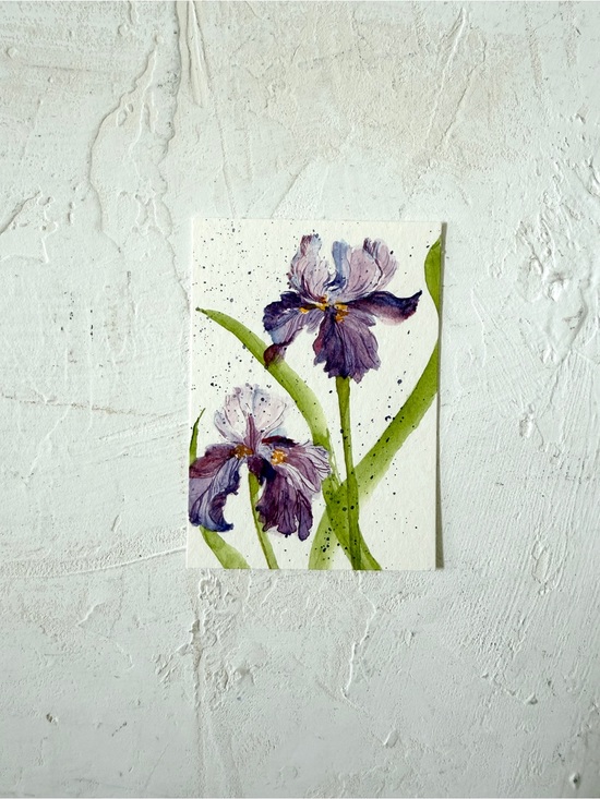 None Other - ACEO Original Watercolor Painting Purple Iris Flowers
